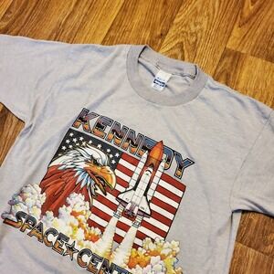 Vintage 80s Nasa Shirt Kennedy Space‎ Center Gray Men Medium USA Made